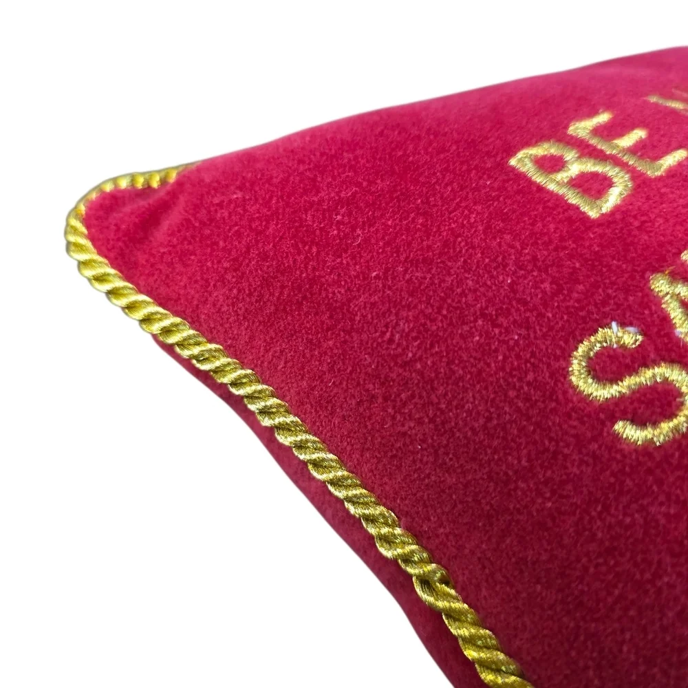 Velvet Red Christmas Accent Pillow Gold Embroidered Naughty Holiday Decor